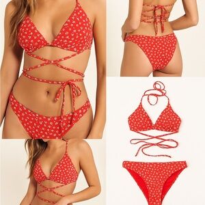 Hollister Red Floral Wrap Bikini Set Crisscross Triangle Top & Bottoms Size S/M